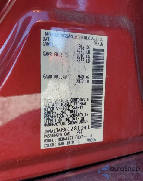 2016 Nissan Altima 2.5 из США, поврежденный, VIN 1N4AL3AP3GC281041